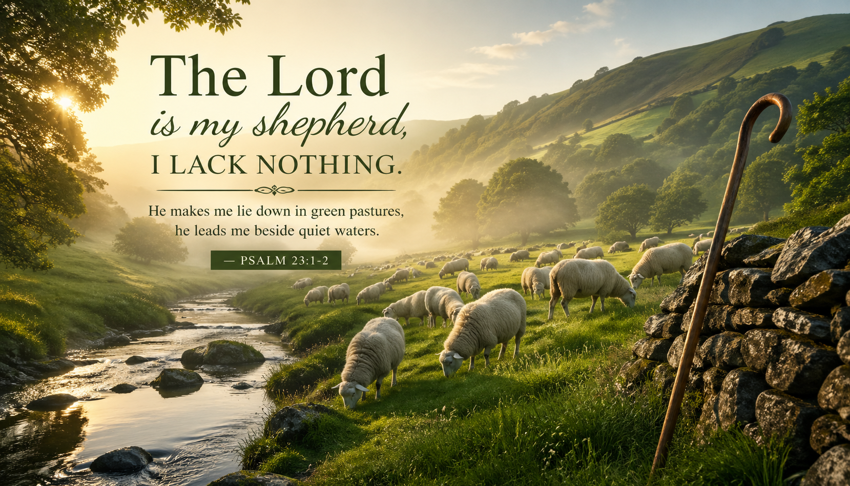Bible verse wallpaper Psalm 23 with sheep grazing on lush green hillside beside quiet stream at dawn